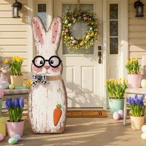 Yerliker 35 Inch Easter Wooden Porch Sign Wooden Bunny Standing Sign Decoration Easter Rabbit Outdoor Decor Bunny Shape Decor for Porch, Yard, Front Door, Garden, Patio, Outdoor