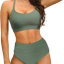 Women's High Waisted Bikini Sets Sporty Scoop Neck Cross Back Bathing Suit Two Piece Swimsuits for Women (Medium, Olive)