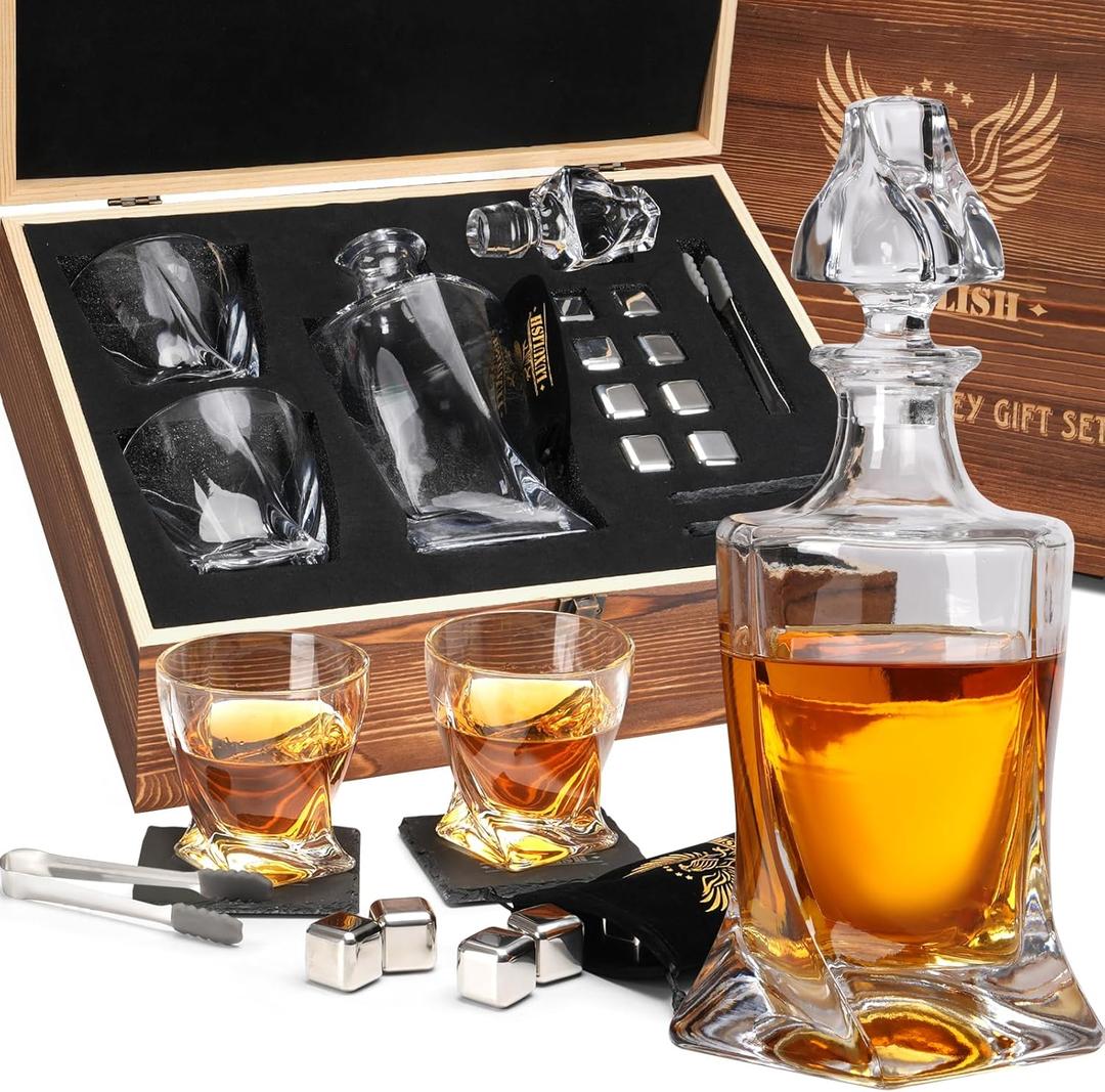 Whiskey Decanter Gift Set with Handcrafted Wooden Box, Twisted Bourbon Decanter, 2 Crystal Glasses, 8 Stainless Steel Ice Cubes, 2 Slate Coasters and Tongs, Whiskey Gifts for Men Dad