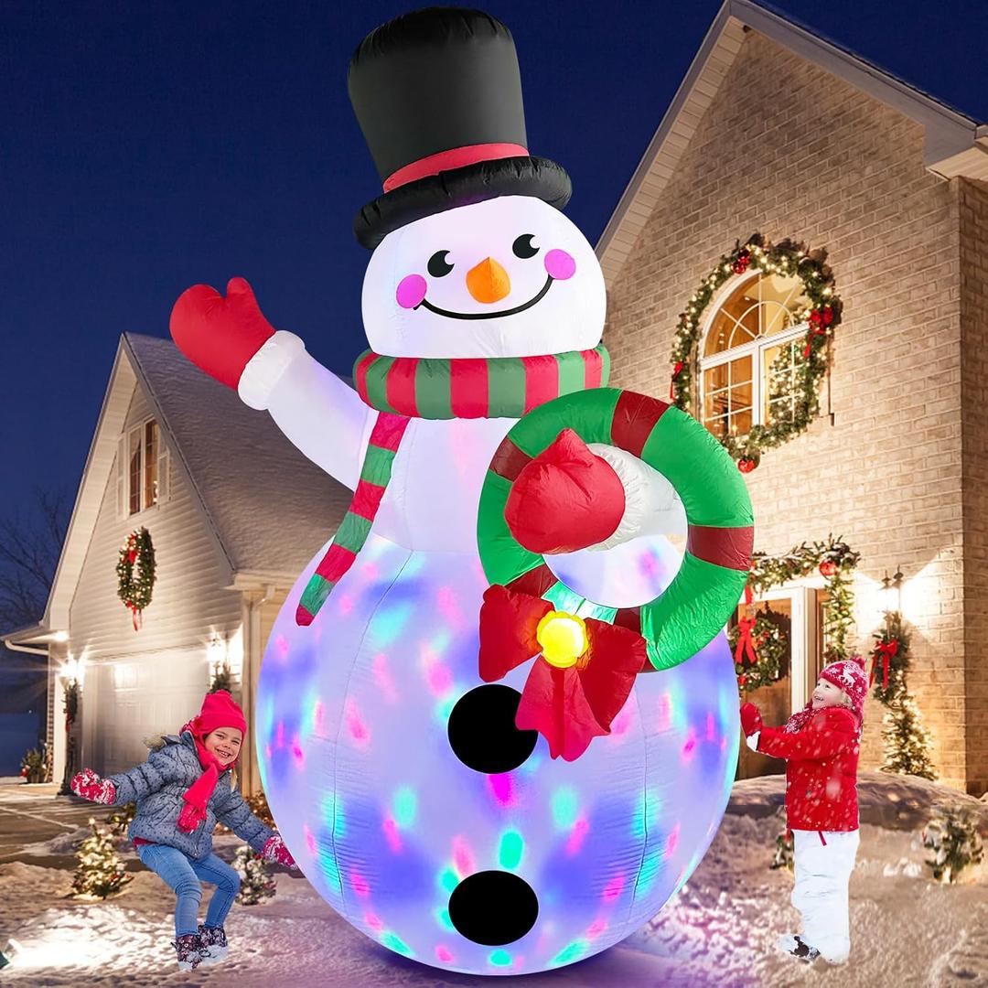 MICOCAH 8FT Christmas Inflatables Outdoor Decorations, Inflatable Snowman Holding Garland Blow Up Yard Decoration Build-in Rotating Colorful LEDs Xmas Holiday Party Indoor Lawn Christmas Eve Dcor