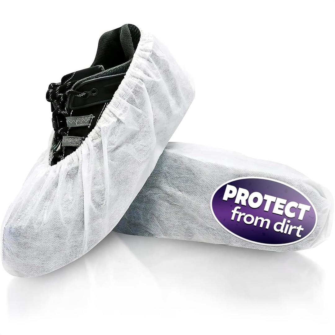 100 Pcs White Shoe Covers Disposable (50 Pairs) - Disposable Shoe Covers for Indoors, Thin Non-Woven Fabric, Stretch Fit Up to 15.7" - Single-Use & Not Waterproof for Home Use, Cleaning & Guest Visits