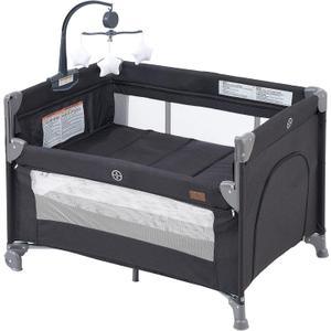 5 in 1 Baby Bedside Sleeper,Baby Pack and Play with Bassinet & Mattress,Portable Bedside Crib with Storage,Baby Playard with Bassinet from Newborn to Toddlers(Dark Grey)