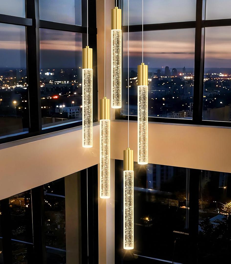 HAIXIANG 5-Lights Chandelier Modern Crystal Glam Light Remote Dimmable Pendant Lighting for Kitchen Island Dining Room Shiny Gold Light