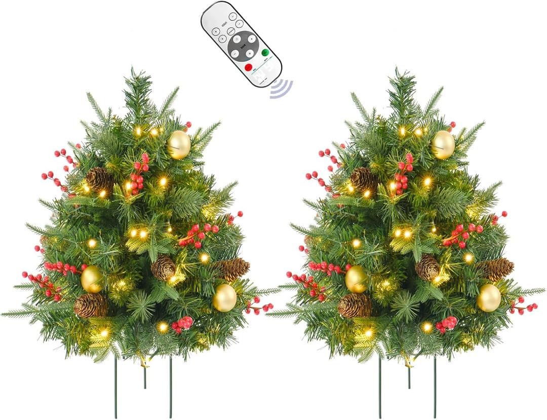2 Pack Prelit Outdoor Christmas Tree 24 Inch, Remote Control Battery Operated with 100 Warm White Multi-Color Changing LED Lights, Small Pre-Decorated Green Xmas Tree for Pathway, Porch