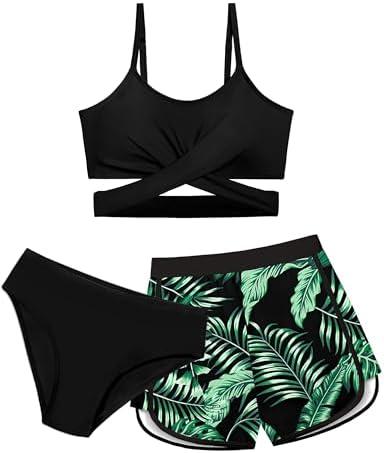 Dearnow Girls Swimsuit 3 Piece Bathing Suit Criss Cross Bikini Set Girls' Swimwear with Shorts 15-16T