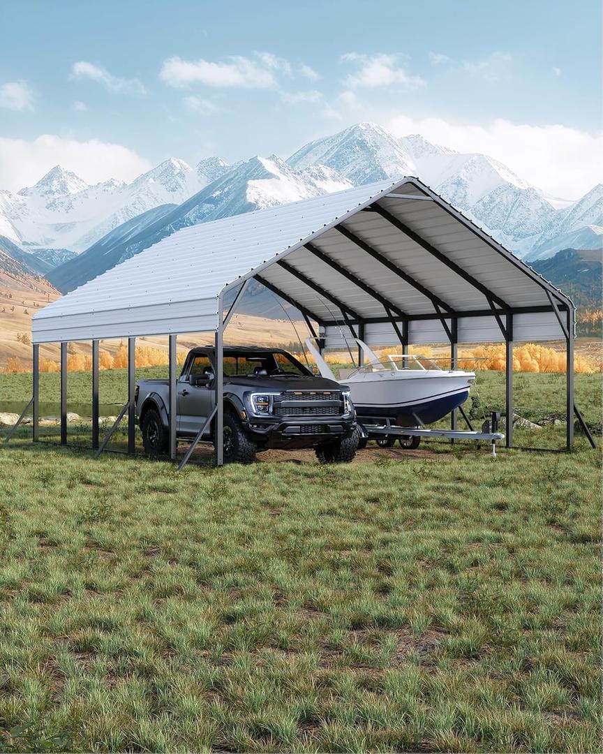 20 ft x25 ft x13 ft Metal Carport for 2 Cars, Extra Tall Carport, Reinforced Frame and Roof for All-Weather, Permanent Garage for Bass Boats, Full-Sized Pickup Trucks, and Tractors, N.W. 980 LBS