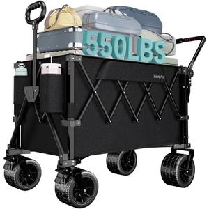 SUNNYFEEL 550LBS Collapsible Wagon Cart - Heavy Duty Push Pull Foldable Wagon with Dual Handles and Big Wheel,Utility Cart with Rear Tailgate for Camping, Fishing, Gardening, Shopping, Black