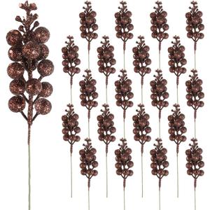 DIYASY Glitter Berry Stems for Christmas Tree Ornaments,20Pcs Brown Picks and Sprays Artificial Branches Xmas Tree Filler Holiday Wreath Garland Decorations Home Décor 7.8 Inch