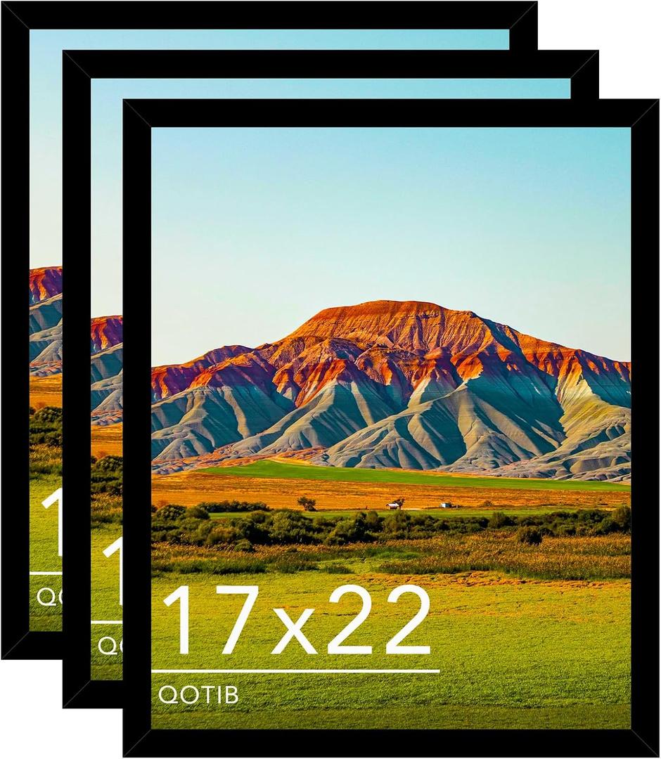 17x22 Picture Frame Black for Wall Mounting Set of 3, Horizontal and Vertical Formats for Wall Hanging, Wood 17x22 Frame, Black, 3 Pack