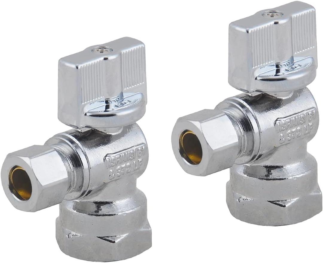 LD Valve -1/4 Turn Angle Stop Valve 1/2-in FIP Iron Pipe x 3/8-in OD Compression, Quarter Turn LF Brass Chrome Plated Water Shut Off Angle Valve for Faucet or Toilet Installation-LD Brand (2-Pack) LD Valve -1/4 Turn Angle Stop Valve 1/2-in FIP Iron Pipe x 3/8-in OD Compression, Quarter Turn LF Brass Chrome Plated Water Shut Off Angle Valve for Faucet or Toilet Installation-LD Brand (2-Pack)