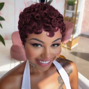 MOONSHOW Short Curly Wigs for Black Women Wine Red Pixie Cut Wig Short Pixie Wigs for Black Women 99J Color Afro Curly Wig Burgundy Synthetic Afro HairCut Wigs