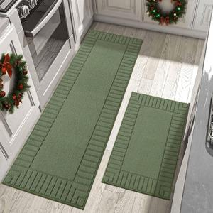 BEQHAUSE-Kitchen-Rugs-Non-Slip-Kitchen-Mats-for-Floor Machine Washable Kitchen Rugs 2 Pieces Kitchen Carpet Runner with TPR Backing,Green,24x35inch/24x60inch