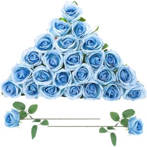 24 Pcs Sky Blue Rose Artificial Flowers with Long Stem Real Touch Silk Roses Bulk for Wedding, Party, Table Centerpieces Bouquet, Bridal, Home Decor