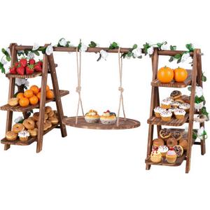 Wooden 3 Tier Cupcake Stand with Swing and Foldable Stand  Wood Dessert Display, Cupcake Swing Stand, Charcuterie Board, Serving Tray Set, Rustic Wooden Food Display for Parties