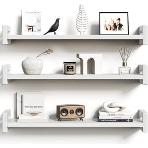 Vailando Floating Shelves for Wall, Set of 3 Solid Wood Wall Mounted Shelves, 23.6" White Display Shelf for Bedroom, Living Room, Bathroom, and Kitchen Decor - Heavy-Duty & Natural Pine