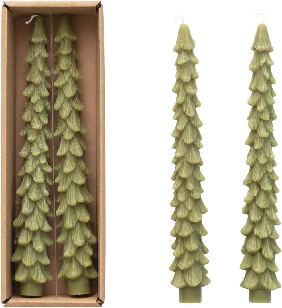 Creative Co-Op Unscented Tree Shaped Taper Candles, Cedar Green, Boxed Set of 2 (10")