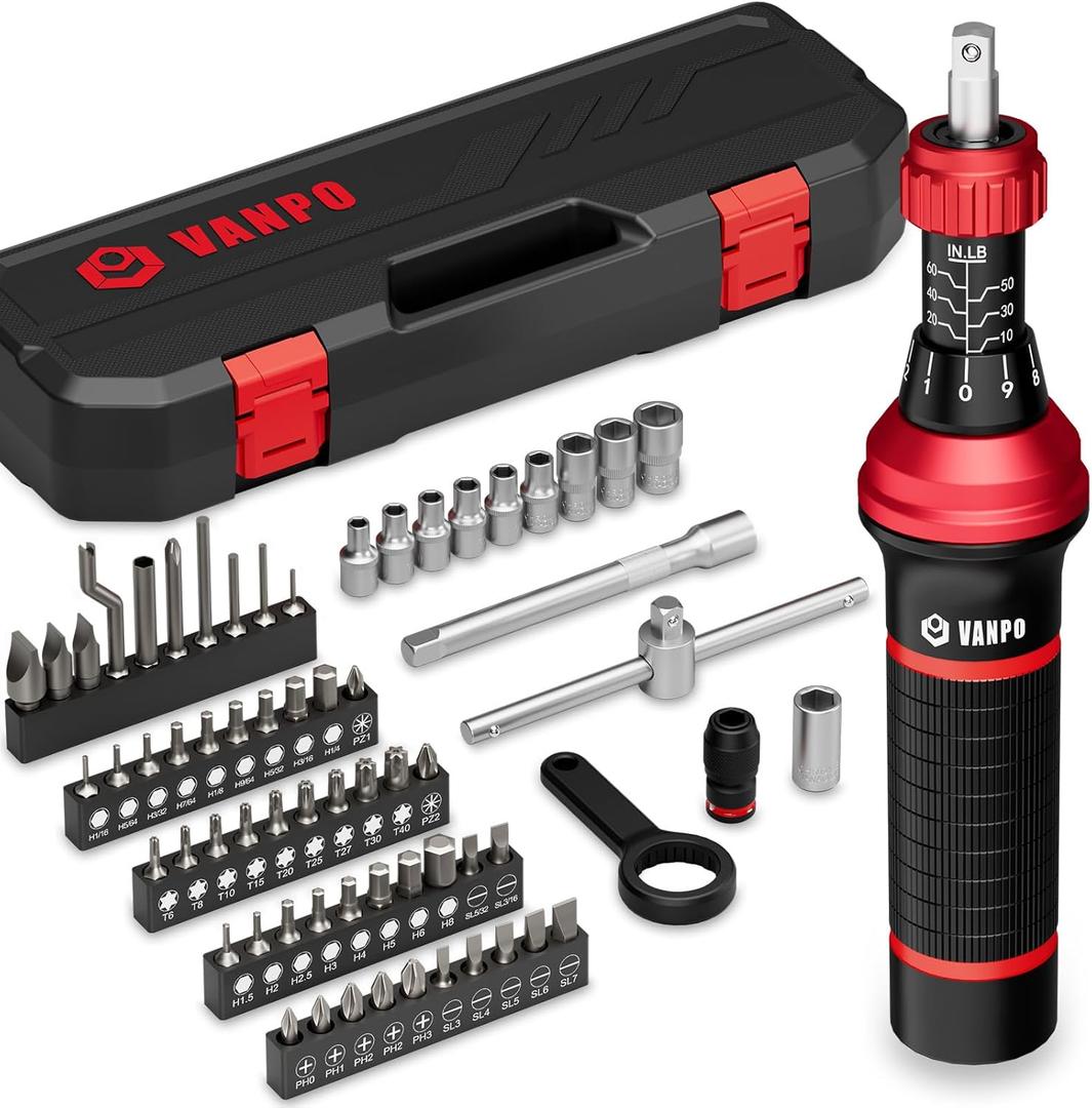 Torque Screwdriver, 10-60 in.lb, 64 Pcs Inch Pound Torque Wrench Screwdriver Set for Maintenance with T-bar Handle, Flat, Hex, Torx, and Phillips Bits, For Tools, Bike Repairing and Mounting