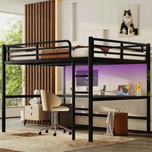 Bellemave Queen Loft Bed with Desk, Metal Queen Size Loft Bed Frame with Built-in Ladder, LED Loft Beds with Charging Station & Safety Guardrails for Kids,Teens, Adults, Black