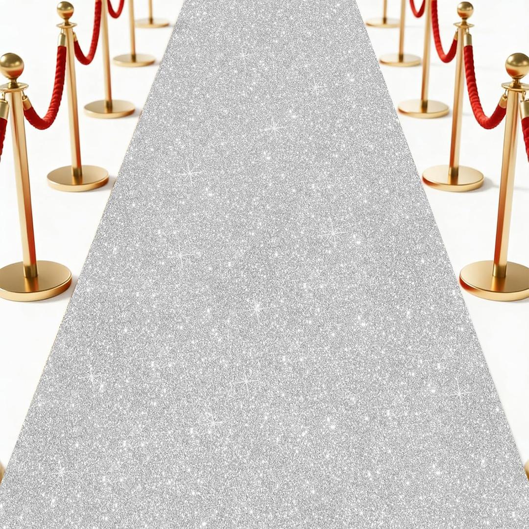 Glitter Carpet Runner 2.6FT x 15FT (200 GSM Thick) + Adhesive Tape - Durable Non-Woven Sparkle Rug, Hollywood Event Carpet, Graduation & Indoor/Outdoor Party Decor (Glitter Silver, 2.6FT X 30FT)