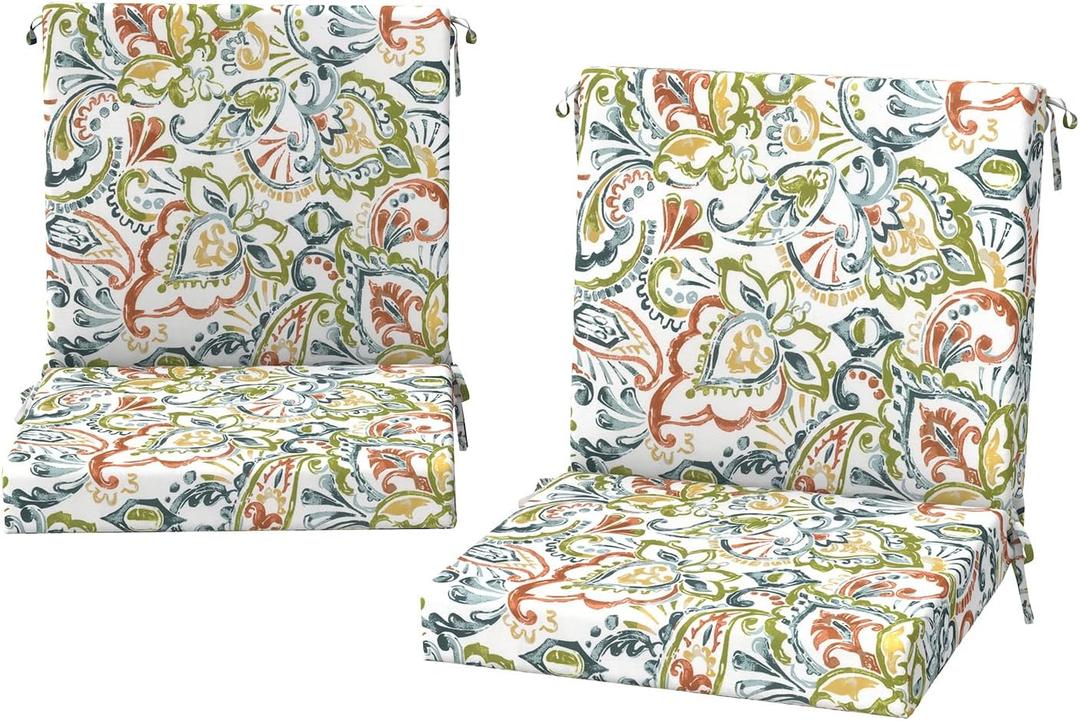 DYTXIII Outdoor Midback Chair Cushions Set of 2-20"x17" Water Repellent & Fade-Resistant Patio Seat Cushions with High-Resiliency Foam, Non-Slip Ties for Dining, Balcony Furniture-Paisley Botanical, 20"x17"/20"x19"