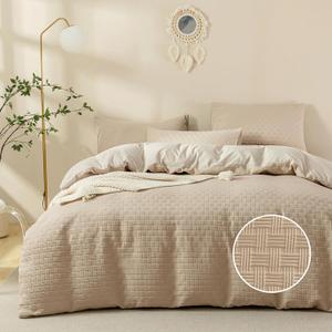 JELLYMONI Duvet Cover Queen Size Waffle Weave Duvet Cover Set Khaki 3PCS Soft Microfiber Tufted Textured Breathable Knitted Jacquard Striped Comforter Cover with Corner Ties & Zipper Closure