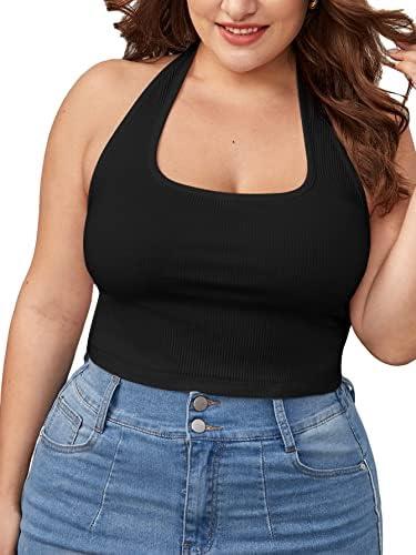 WDIRARA Women's Plus Size Sleeveless Backless Rib Knit Crop Halter Top 3XL