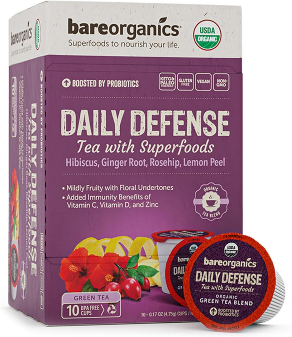 2 x BareOrganics DAILY DEFENSE TEA (Organic) with superfoods and Probiotics, 10ct single serve Cups