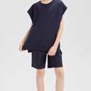 DANI CHINS Boys Loose Athletic Shirt and Shorts Set Kid Outfit with Pockets (Blue)