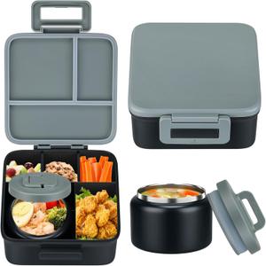 MAISON HUIS Bento Lunch Box with 8oz Soup Thermo, 5-Compartment Leak-Proof Container, Thermo Hot Food Jar and Insulated Lunch Bag, BPA Free, Travel, School (Gray)