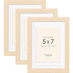 5x7 Picture Frames Matted for 4x6 and 3.5x5 photo Set of 3, Solid Wood with Oak Wood Grain, Double Mats Photo Frame with Tempered Real Glass, Tabletop or Wall Mounting Display (3 Pack of Oak)