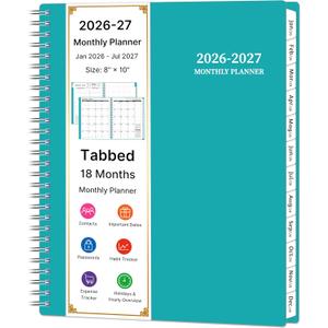 2026-2027 Monthly Planner, 18 Monthly Calendar Planner, January 2026 - June 2027, 8 x 10, 2026 Spiral Agenda with Tabs Pocket, Flexible Cover, Organizer Notebook for Office Home School, Green