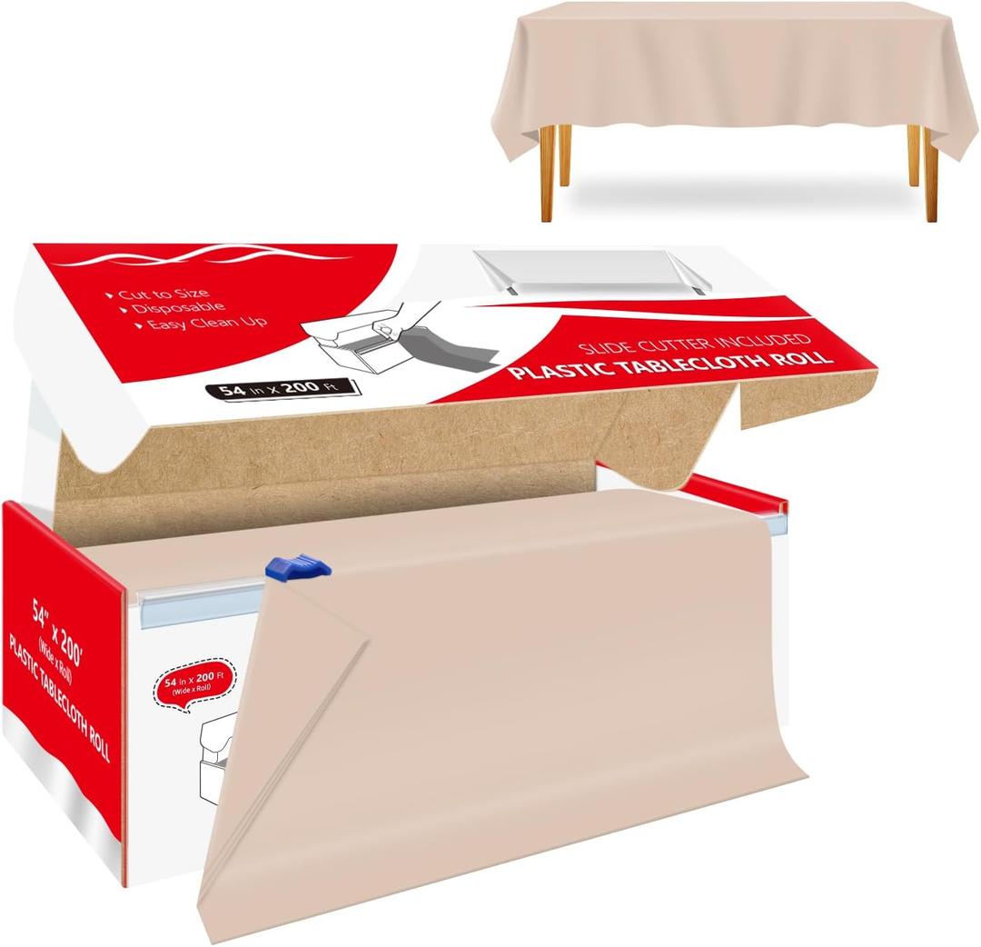 54 Inch x 200 Feet Beige Plastic Tablecloth Roll Cut to Size Disposable Table Cover with Cutter Box Plastic Table Cloth for Party, Wedding, Birthday