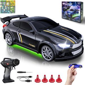 Mini RC Drift Car 1:64 Scale, Remote Control Car with LED Lights & 2-Speed Modes, 2.4GHz Stunt Drifting RC Toys with 4 Obstacles & Track Mat, Hobby Gift for Kids & Adults, Black