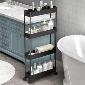 SPACELEAD Slim Storage Cart 4 Tier, Bathroom Organizer Rolling Utility, Mobile Shelving Unit Slide Out for Office, Kitchen, Laundry Room & Narrow Places, Black