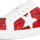 PARTY Women's Fashion Sneaker Lace Up Low Top Comfortable Cushioned Walking Shoes, Podcast, RED Glitter, 8