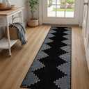 Seavish Black Runner Rug 32x90 Kitchen Runner Rugs Non Skid Washable Low Pile Thin Rugs for Entryway Indoor Bohemian Stripe Hallway Runner Rug Non Shedding Boho Floor Carpet Runner for Bedroom Laundry