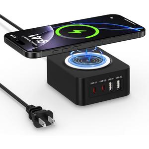 60W USB Charging Station Block with 15W Wireless Charger for Samsung Galaxy S26 Ultra S26+ S25FE Z Flip 7 Fold 7 S24 S23,Multi Port Travel Type C Wall Charger Adapter Plug for iPhone 17 16 15,Pixel 10