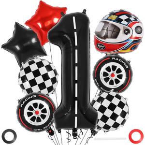 Race Car 1 Balloons, 40 Inch Racetrack Number 1 Balloon, Large Foil Mylar Racetrack Black 1 Balloon for 1st First Birthday Race Car Themed Party Decoration