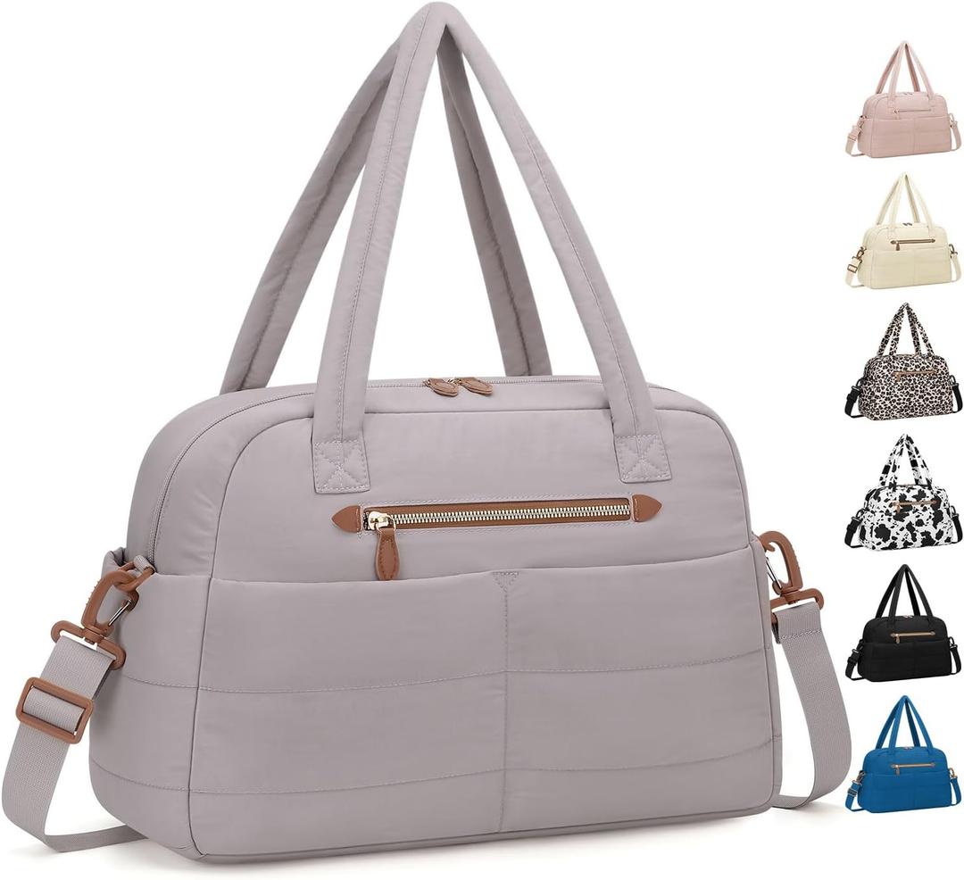 Travel Duffle Bag,Puffer Carry On Duffel Bag with Laptop Compartment Waterproof Overnight Weekender Bags for Women Large Hospital Tote Bags for Labor and Delivery(Medium,Khaki Gray