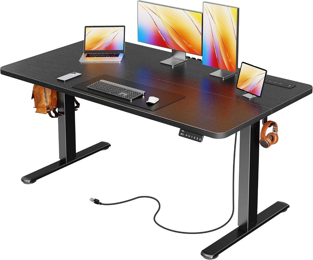 Huuger Electric Standing Desk with Power Outlets and USB-C Port, 55 X 24 Inch Height Adjustable Desk, Sit Stand Desk for Home Office, Computer & Gaming Desk with 4 Presets, Stable Steel Frame, Black