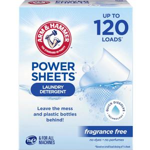 ARM & HAMMER Power Sheets Laundry Detergent, Fragrance Free, No Dyes or Perfumes, Lightweight and Travel-Friendly, 60 Count, Up to 120 Small Loads