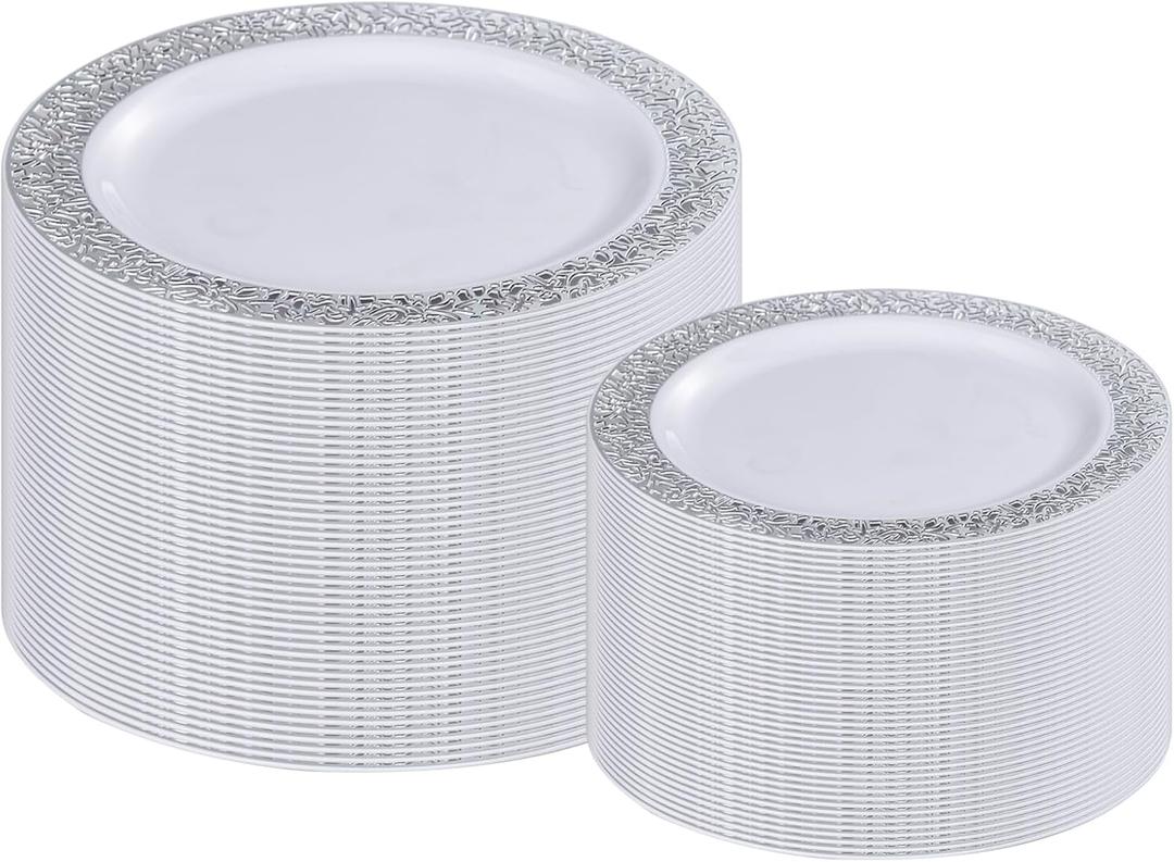 I00000 200 Pieces Silver Plastic Plates, Disposable Plastic Plates for 100 Guests Include: 100 Pcs Dinner Plate 10.25 and 100 Pcs Dessert Plate 7.5 with Silver Lace Rim Perfect for Wedding & Party
