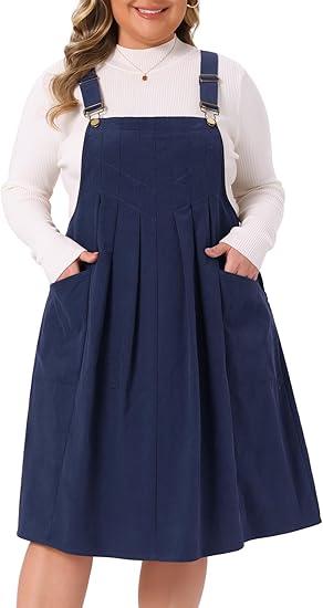 Agnes Orinda Plus Size Corduroy Pinafore Dress for Women Pleated Adjustable Strap Suspender Skirt Overall Dress 1X Dark Blue