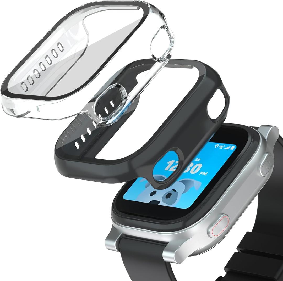 Compatible with AT&T amiGO Jr Watch Screen Protector, 2Pack Hard PC and Tempered Glass Case Cover for amiGo Kids Smartwatch Accessories, Anti-Scratch and Touch Sensitive (Clear+Black)