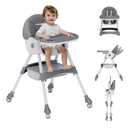 High Chairs for Babies and Toddlers, 4 in 1 Convertible Baby High Chair, Portable High Chair for Travel with Adjustable Height and Back, Foldable HighChair with Wheels& Pu Cushion (Grey)