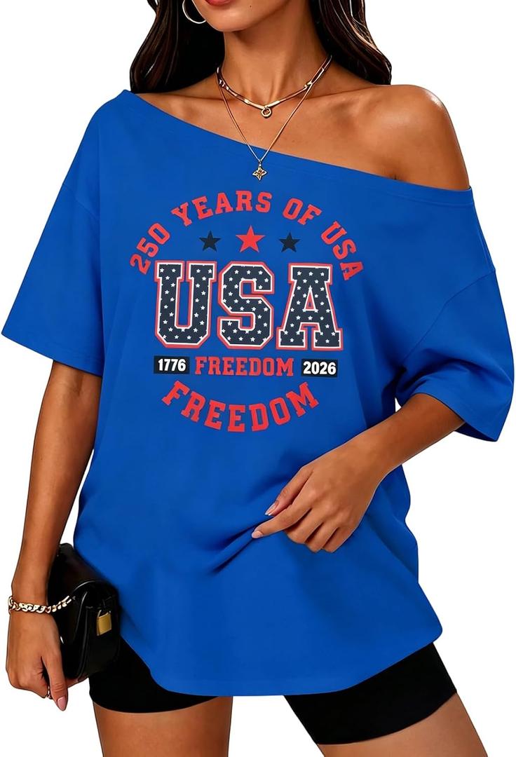 Women Off The Shoulder Tops Funny Graphic Short Sleeve Tees Beach Outfit (Blue, XL)