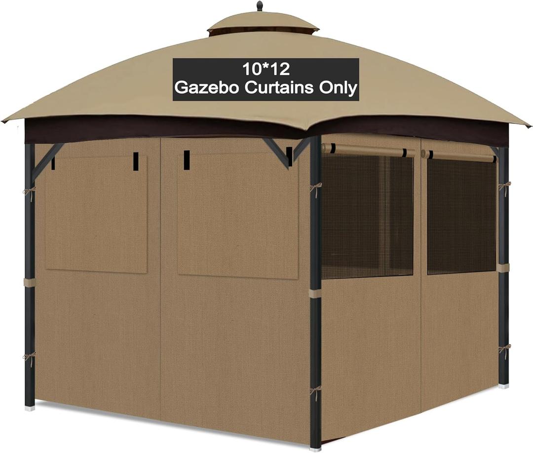 Gazebo Privacy Curtain 10'x12', Replacement Curtains with Mosquito Net Windows, 4-Panels Side Wall, Zippers, Waterproof Outdoor Curtains for Patio, Canopy, Garden and Backyard, Khaki (Curtain Only)