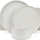 Famiware Star Dinnerware Sets, Plates and Bowls Set for 4, 12 Pieces Ribbed Dishes - Chip and Scratch Resistant, Microwave and Dishwasher Safe Tableware, Matte White