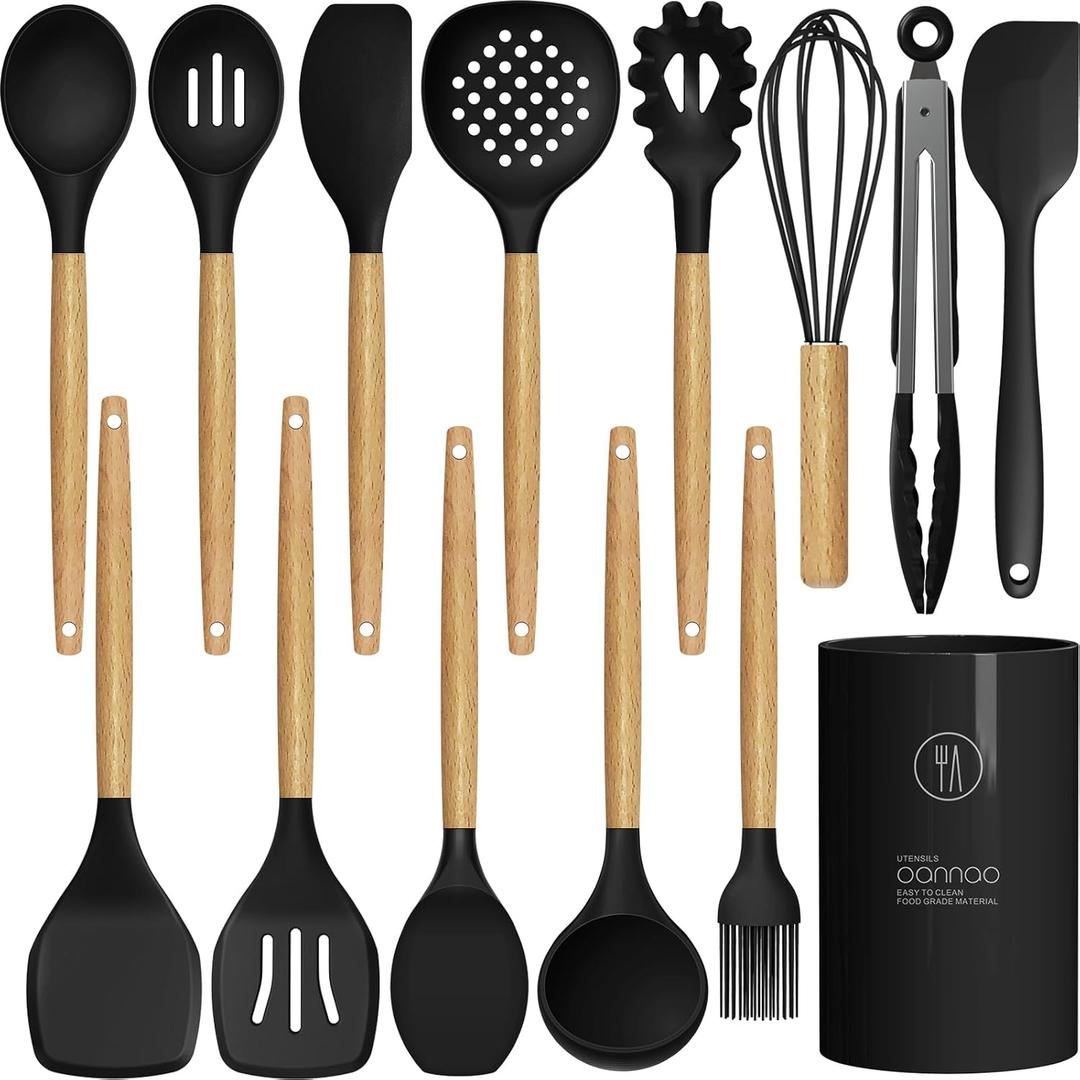 Silicone Cooking Utensils Set - 446F Heat Resistant Silicone Kitchen Utensils for Cooking,Kitchen Utensil Spatula Set w Wooden Handles and Holder, BPA FREE Gadgets for Non-Stick Cookware (Black) 