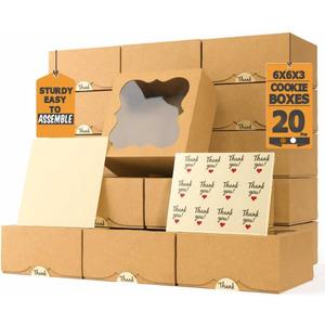 20 Pack Cookie Boxes for Gift Giving  6X6X3 Inches Bakery Boxes with Window - Extra Thick Small Cookie Containers for Treats, Desserts, Strawberries, Cupcakes, Candy, Charcuterie, Baked Goods, Pastry